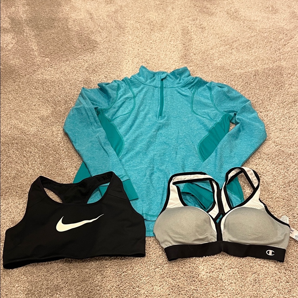Work out Top Bundle: Nike and Champion Sports Bras with Blue Pullover